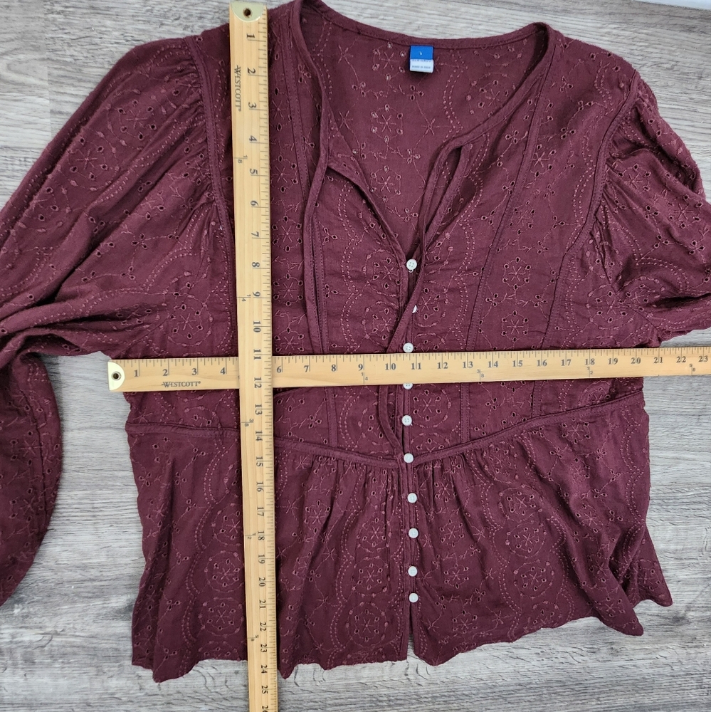 Burgundy Eyelet Top Size L  Babydoll Fairy Flowy - Picture 11 of 13